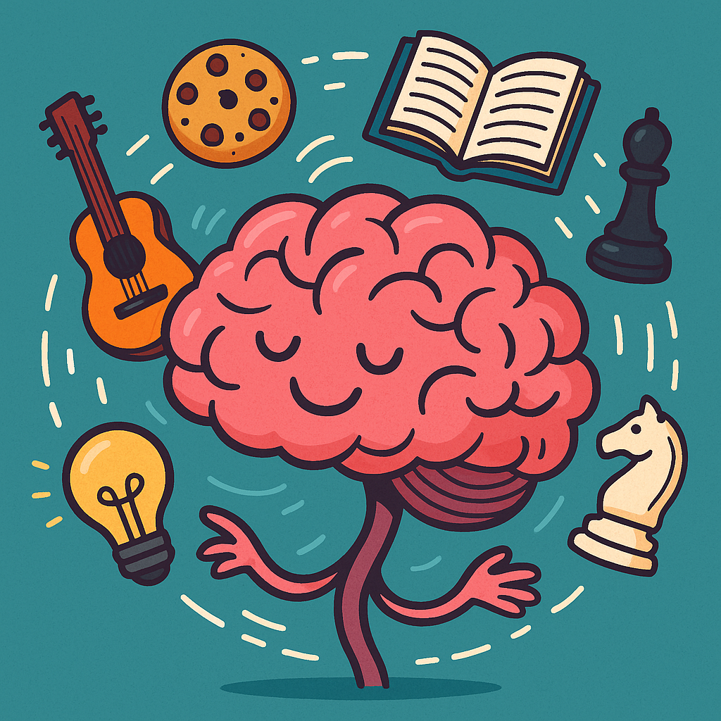 Illustration of an ADHD brain juggling multiple colorful ideas like guitar, cookies, books, and a chess piece