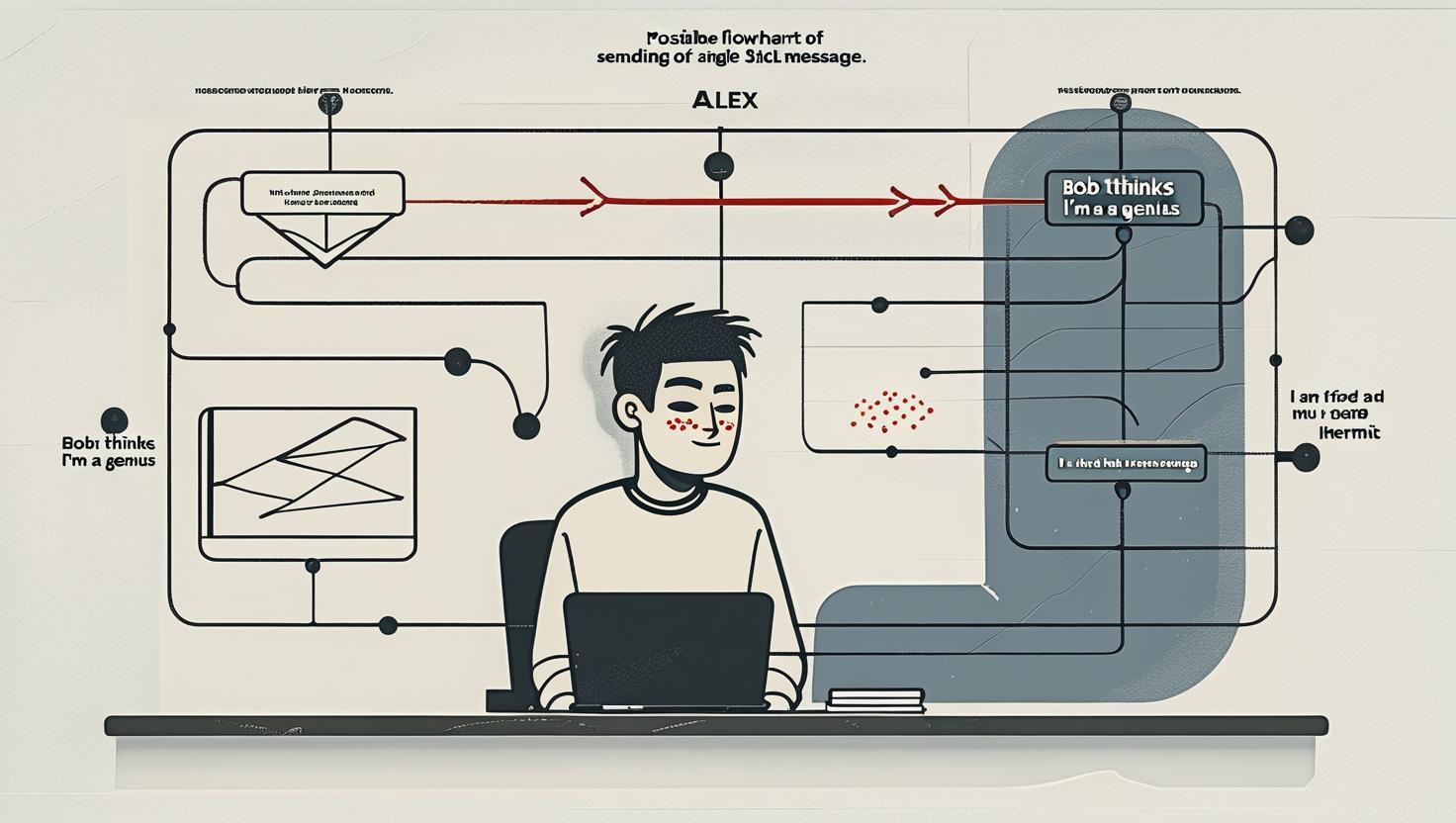Alex, the software engineer, sitting at his desk, which is surrounded by a complex, hand-drawn flowchart mapping out the 17 possible emotional outcomes of sending a single Slack message. One path is labeled “Bob thinks I’m a genius,” and another, much thicker path is labeled “I am fired and must become a hermit.”
