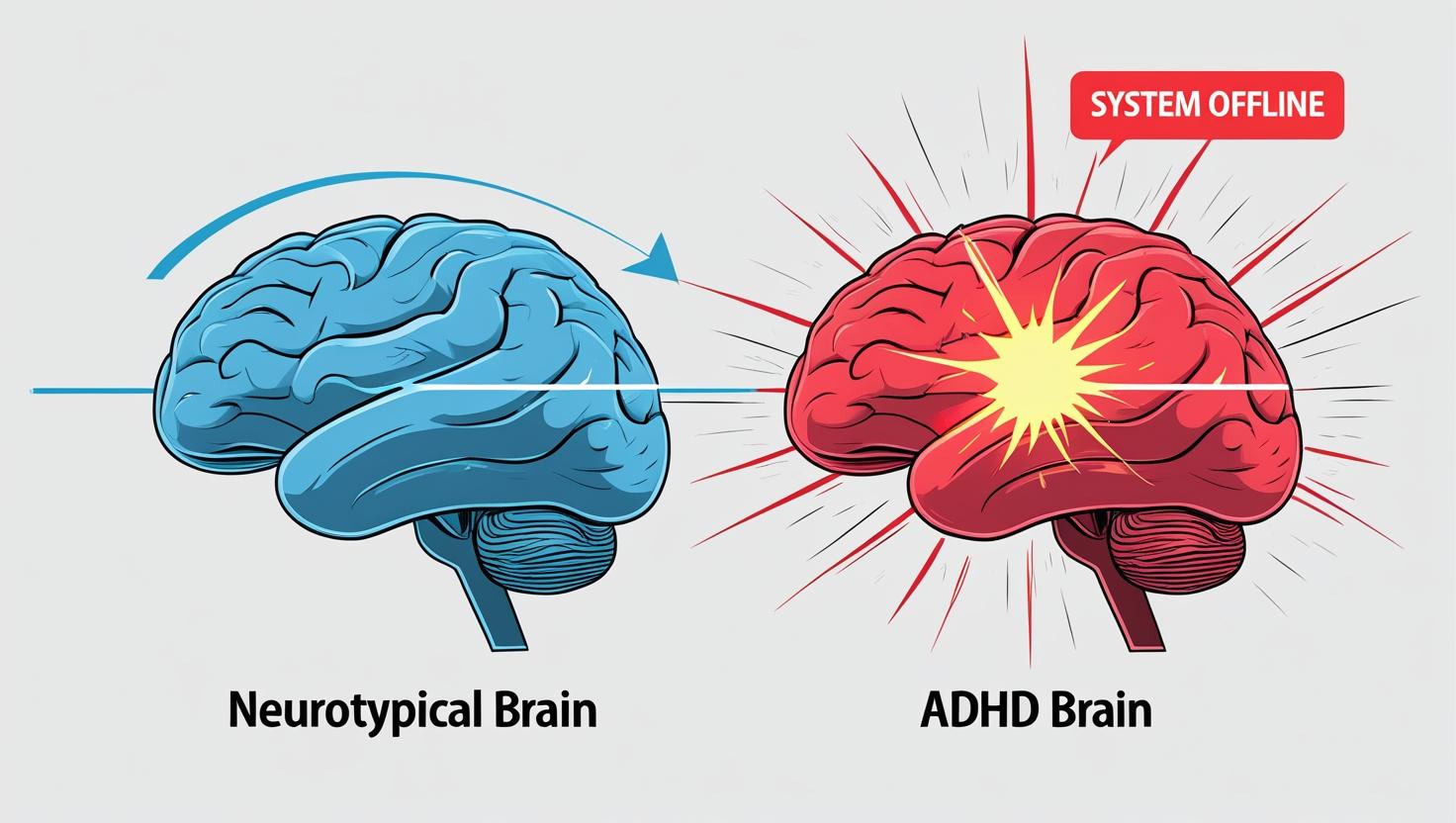 A side-by-side brain comparison. Left side: “Neurotypical Brain,” shows a simple ‘Task Signal’ flowing smoothly to the ‘Action Center.’ Right side: “ADHD Brain,” shows the ‘Task Signal’ hitting a giant red “WALL OF AWFUL” with sparks flying. The Amygdala is flashing like a faulty alarm, and the ‘Action Center’ is grayed out with a “System Offline” message.