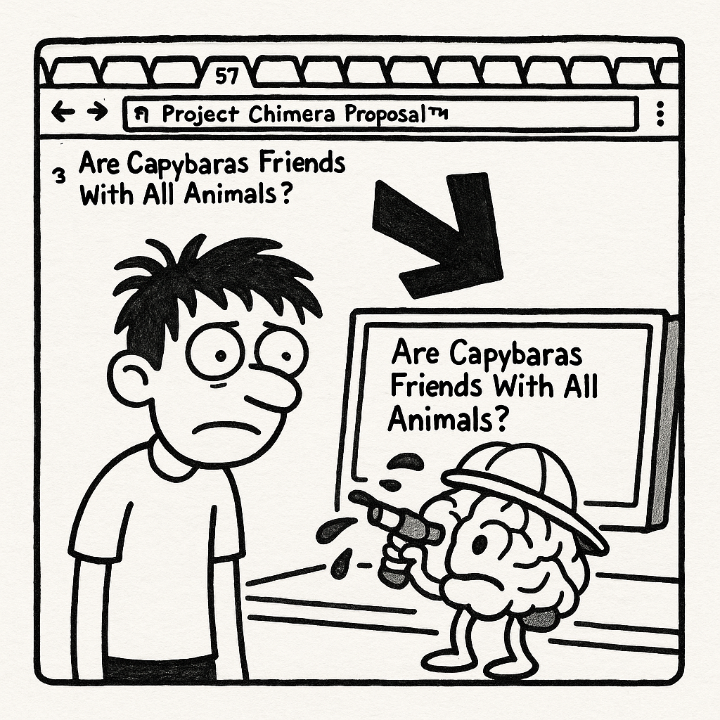 An overwhelmed Alex with 57 browser tabs open. One tab is tiny and labeled ‘Project Chimera Proposal™’. A giant, glowing red arrow points to another tab titled ‘Are Capybaras Friends With All Animals?’