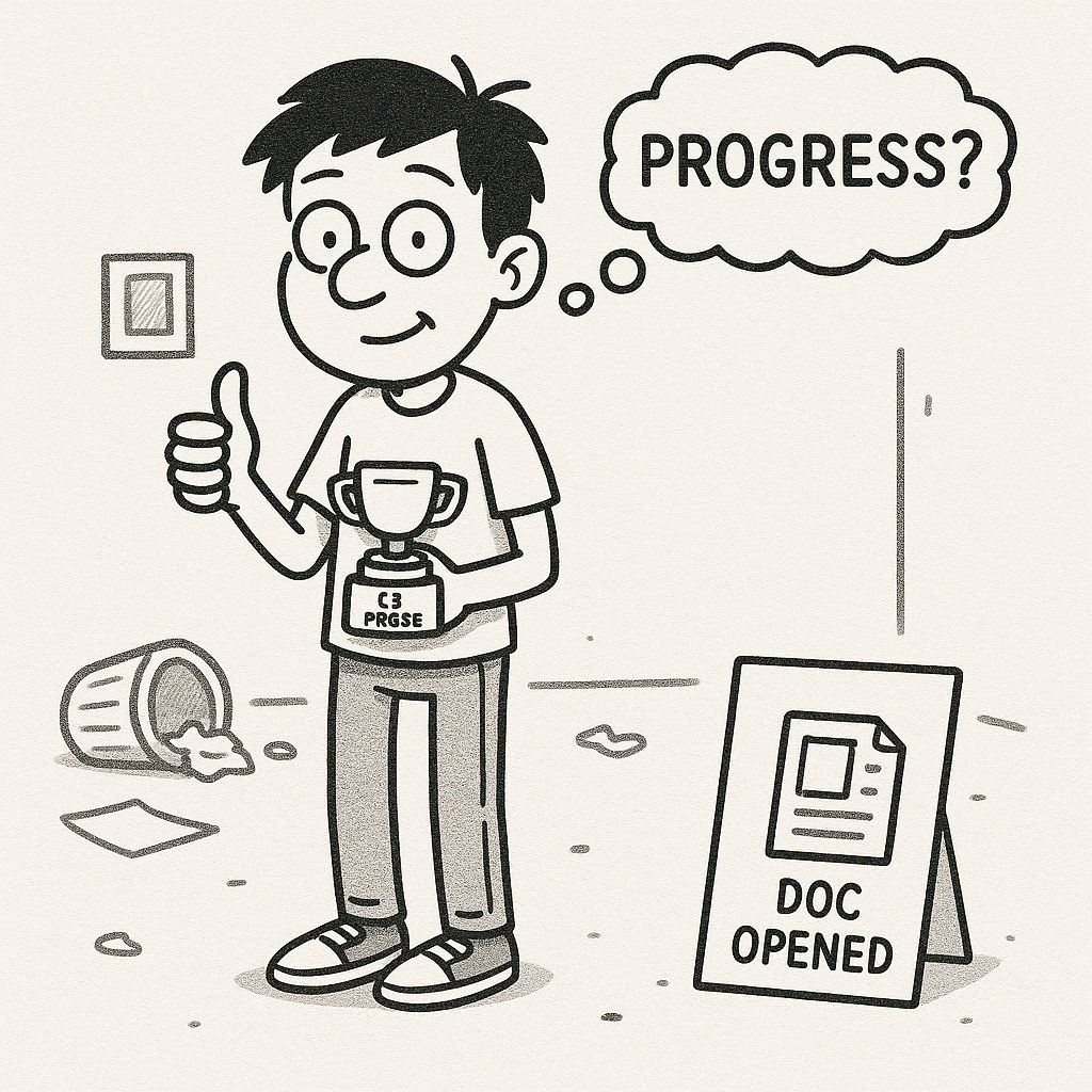 Cartoon Alex standing in a messy room, holding a tiny trophy that says ‘I Wrote A Paragraph.’ [cite_start]He’s giving a thumbs-up, but his expression is one of hopeful confusion. A thought bubble says, ‘Progress?’ with a wobbly question mark.
