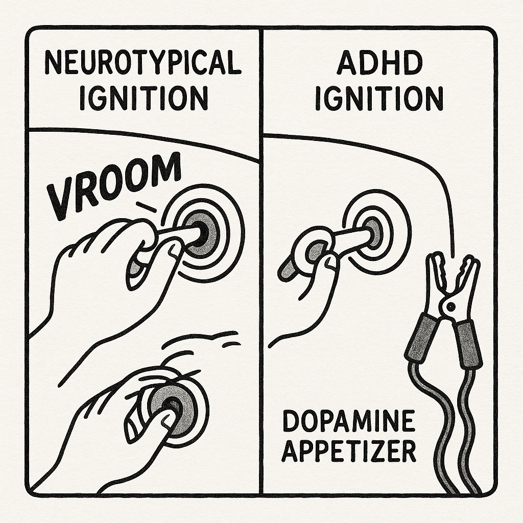 Side-by-side car ignition analogy. Left side: A hand easily turns a key in a ‘Neurotypical Ignition,’ car starts smoothly. Right side: A hand tries to turn a key in an ‘ADHD Ignition,’ but nothing happens. Next to it is a pair of jumper cables labeled ‘Dopamine Appetizer’.
