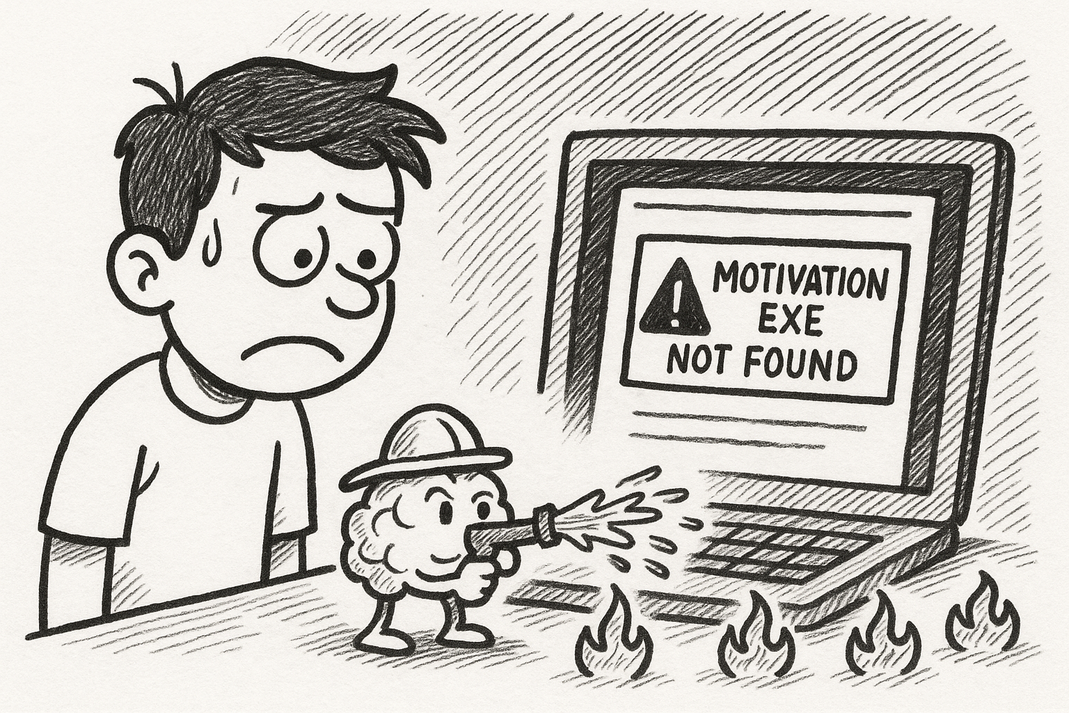 A frustrated cartoon character, Alex, staring at a laptop screen that shows a single, intimidatingly blank document. The screen is flashing a blue error message: ‘MOTIVATION.EXE NOT FOUND’