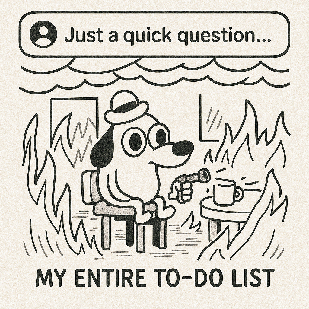 A phone notification banner at the top of the screen says, “Just a quick question…” In the background is the ‘This is fine’ dog, surrounded by flames labeled “My Entire To-Do List.