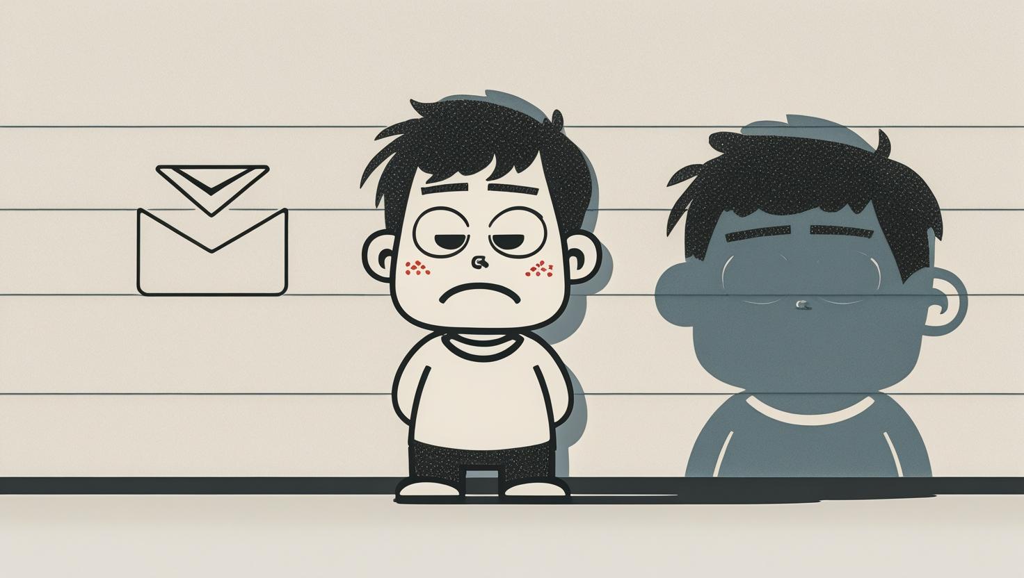 A frustrated but hopeful cartoon character (Alex) stands before a ridiculously small task (a single email icon), but the task casts a giant, monstrous shadow on the wall behind it. The style is pop-art, vibrant, and slightly absurd