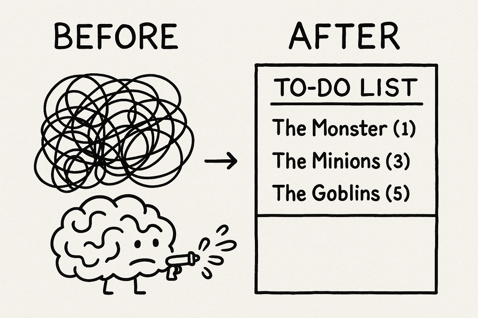 Cartoon showing an ADHD adult successfully prioritizing one task, bringing a sense of calm to their to-do list.
